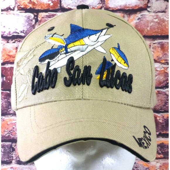 Cabo San Lucas Khaki Embroidered Hat W/ Marlin & Fish Design Mexico Text - Picture 1 of 5